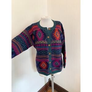 Y2K VTG Nomadic Traders Cardigan Sweater Geometric Aztec Knit Boho Wool Peru